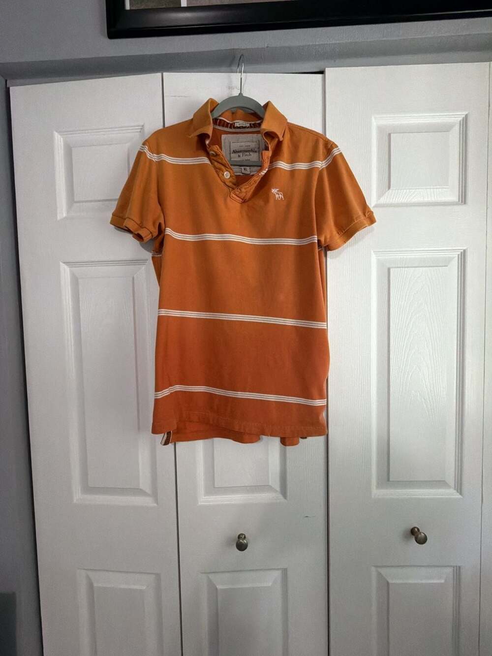 Vintage Abercrombie & Fitch Men's Muscle Fit Striped Polo Shirt Orange XL